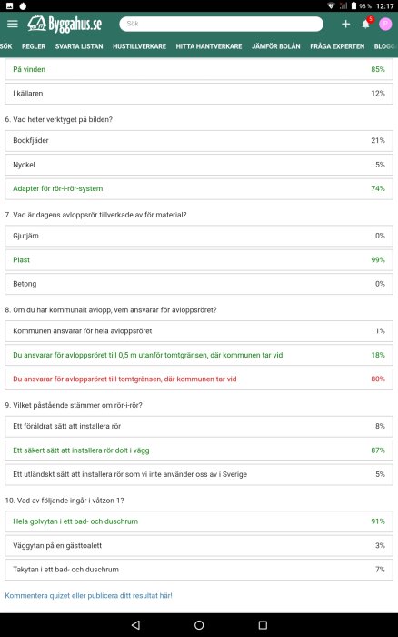 Skärmdump av ett webbaserat quiz med flervalsfrågor relaterade till byggnation och VVS.