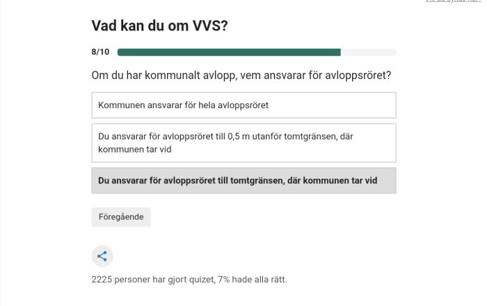 Skärmdump av en fråga i ett VVS-quiz om ansvar för avloppsrör.