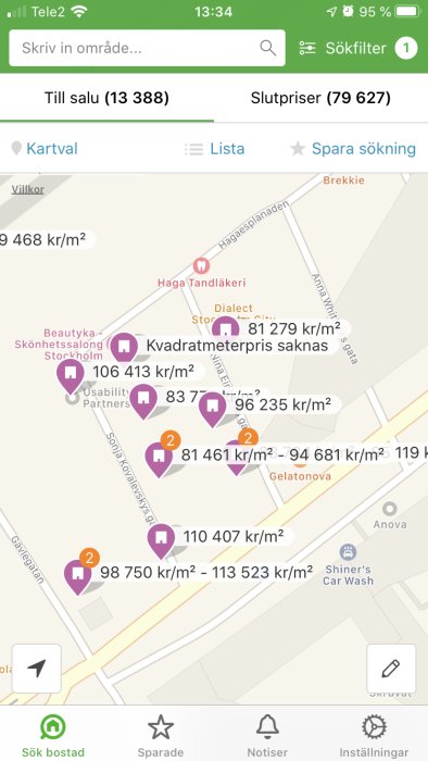 Karta som visar olika kvadratmeterpriser för bostäder i Vasastan, Stockholm med färgkodade markörer.