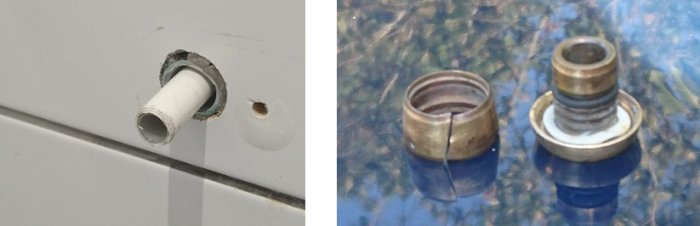 Otät koppling till en duschblandare med en deformerad klämring och ett 16 mm vattenrör.