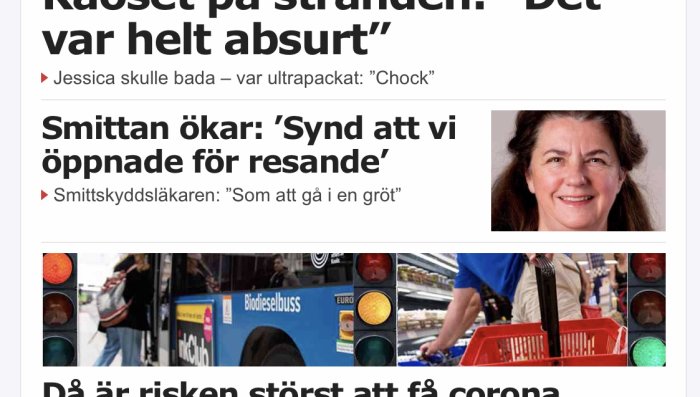 Nyhetsartikel med bilder av en kvinna, en biodieselbuss och en person som handlar i en matbutik.