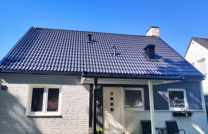 Ett hus med ett svart tegeltak som visar tecken på underkänd besiktning, lutande skorsten och ventilationsrör.