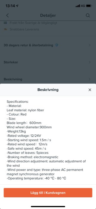Skärmdump av produktspecifikationer för en röd vindturbin med specifikationer som bladstorlek och vindhastighetskrav.