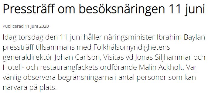 Skärmbild av en webbartikel om en pressträff den 11 juni, med information om deltagare och begränsningar.