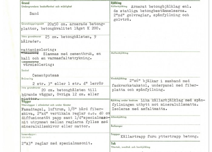 En teknisk ritning eller byggdokumentation med textbeskrivningar av olika byggdetaljer som grund, bjälklag och tak.