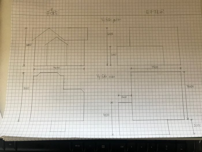 Handritad skiss över befintlig och tänkt framtida planlösning av ett enplanshus med måttangivelser.