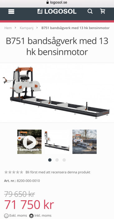 En skärmdump av en Logosol B751 bandsågverk med 13 hk bensinmotor, prisinformation och en betygssättning.