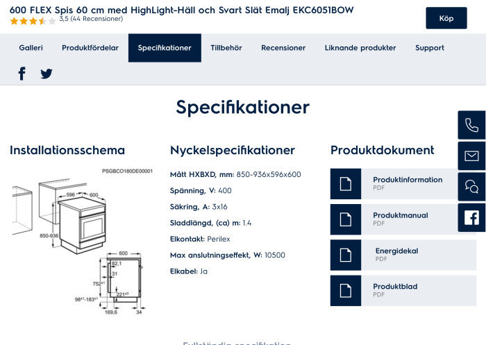 Installationschema och nyckelspecifikationer för spisen EKC6051BOW med Perilex-kontakt, inklusive mått och elektriska krav.
