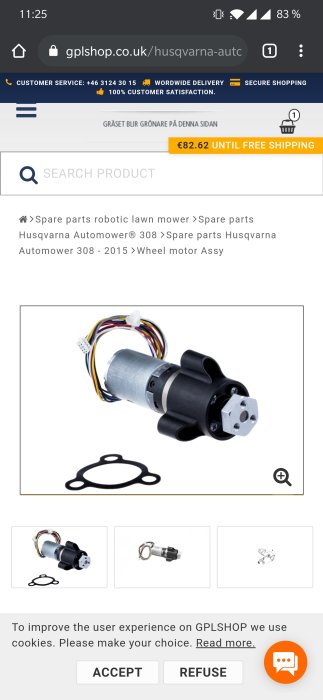 Husqvarna Automower reservdelar med hjulmotor och svart hubb visas på en webbplats.