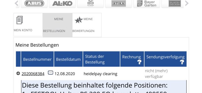 Skärmdump av beställningshistorik på rubart med status 'heidelplay clearing' och frågetecken vid 'Rechnung'.