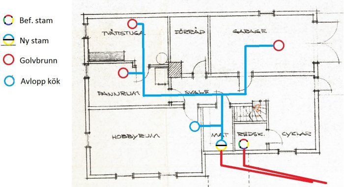 Handritad planritning med markerade avloppsrör, golvbrunnar och stammar för ett renoveringsprojekt i ett hus.