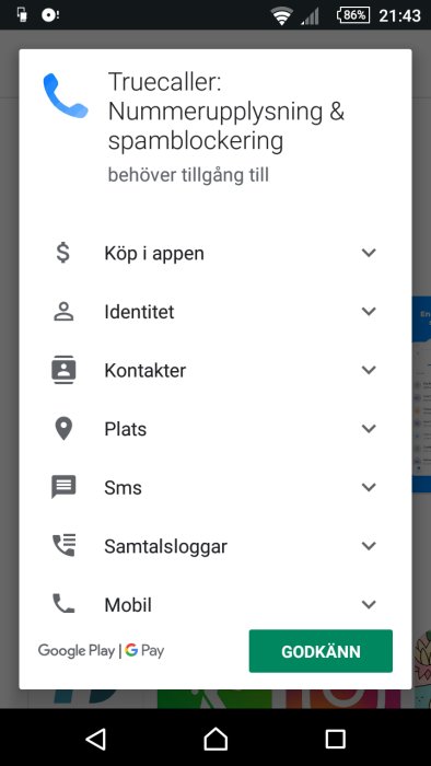 Skärmdump av appbehörigheter för Truecaller, inklusive kontakt, sms och platsinformation.