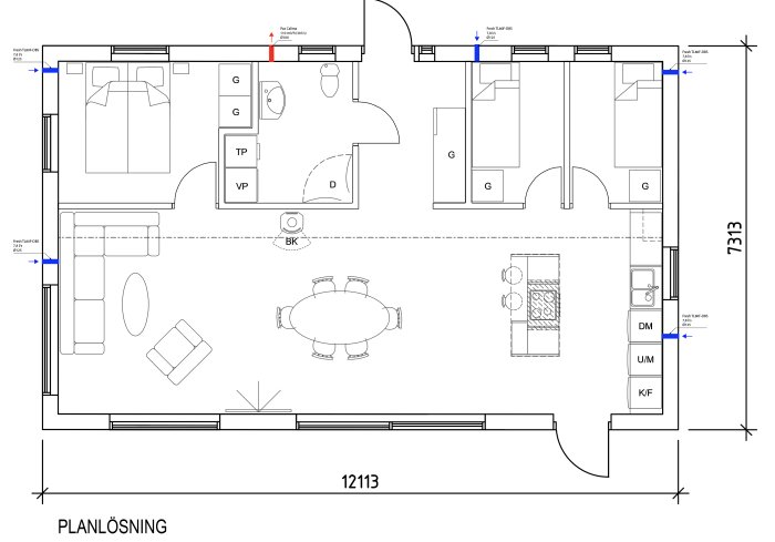 Ventilationsplan för fritidshus med markerade tillufts- och frånluftspositioner i olika rum.