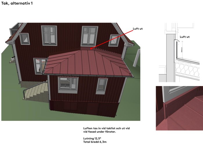 3D-rendering av ett hus med kuverttak, alternativ 1, med markerade luftventilationsvägar och taklutningsvinkel.