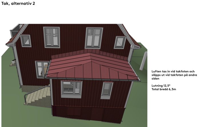 3D-modell av ett rött hus med valmat takalternativ, markerade luftventilationsvägar och måttangivelser.