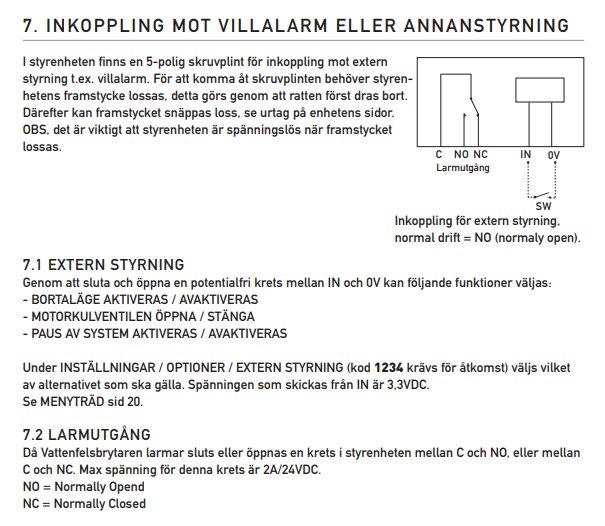 Instruktionsdiagram för inkoppling av extern styrning till en styrenhet med beskrivande text och symboler.