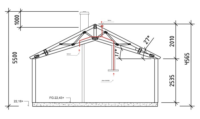 Ritning av ett hus med saxtakstrukturen och markerade ventilationskanaler för alliansfläkt i köksö.