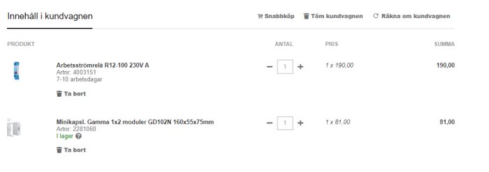 Skärmbild av en kundvagn på en webbutik med en arbetsströmrelä och en minikapsling listade som produkter.