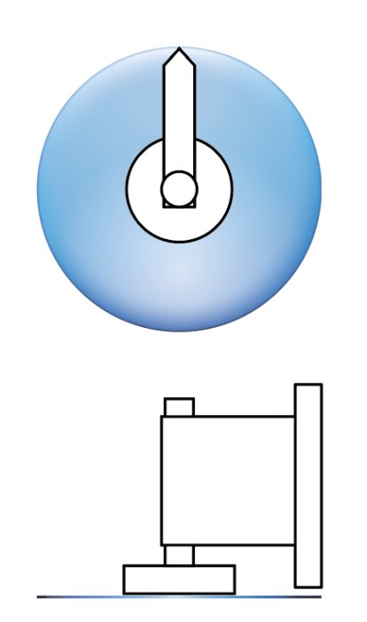 Skiss av en centreringanordning med en vertikal spindel och en illustration av dess användning.