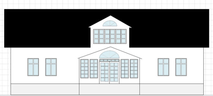 Arkitektonisk ritning av ett husfasad från 1910 med markerade planlösningsändringar.