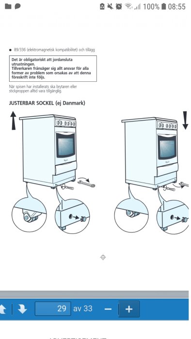 Illustration som visar justering av spisens justerbara sockel och hjul.