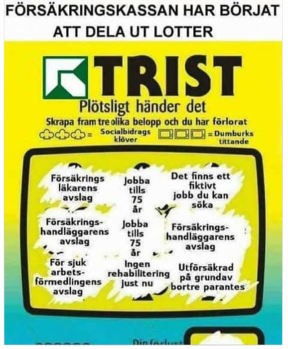 Satirisk bild som liknar en lott, med text om avslag från försäkringskassan och arbetsförmedlingen.