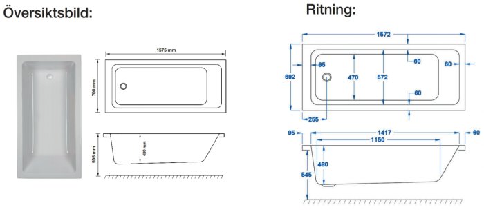 Översiktsbild och ritning av ett Nordhem Saltholmen badkar med måttangivelser.