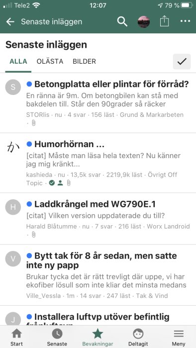 Skärmbild av ett diskussionsforum med öppna trådar om byggprojekt och renoveringar.