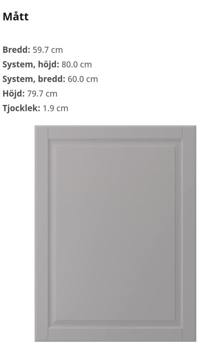 IKEA Bodbyn grå kökskåpsdörr med specifika mått på 59,7x79,7x1,9 cm.