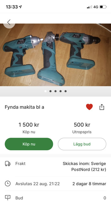Tre Makita elverktyg på trägolv, skärmdump från Tradera försäljningssida.