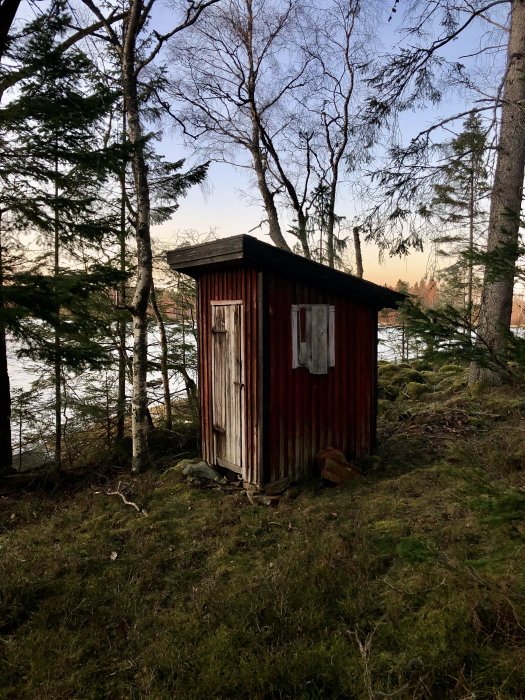 Träskjul liknande utedass i skogsnatur vid vattnet, rödfärgad med vit dörr.