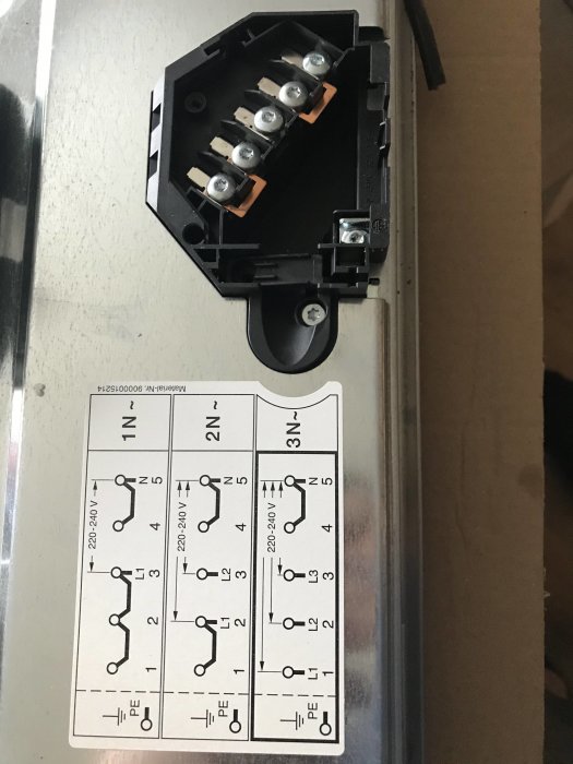 Anslutningsplint för spishäll med diagram och skruvklämmor.