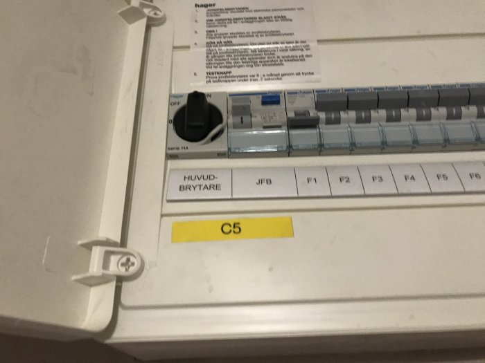 Elcentral med säkringar märkta 'HUVUDBRYTARE', 'JFB' och 'F1' till 'F6', och en gul etikett 'C5'.