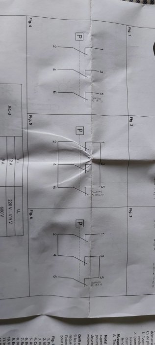 Teknisk ritning på ett veckat papper med elektriska scheman märkta Fig 1, Fig 2 och Fig 3.