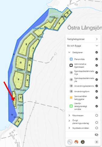 Karta som visar fastighetsgränser, detaljplaner och prickade områden med blå och gröna linjer vid Östra Långsjön.