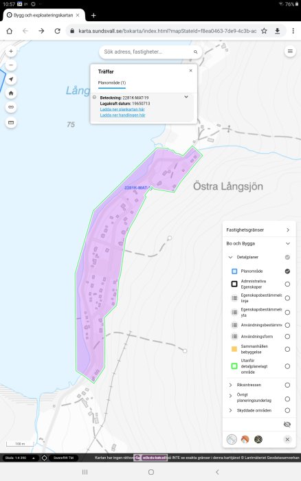 Skärmdump av en digital karttjänst med markerat planområde och popup-dialog för nedladdning av plankarta och planhandling.