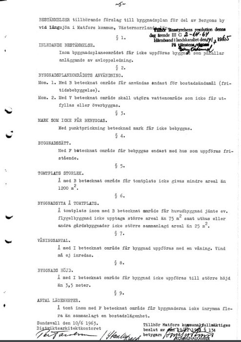 Svartvitt dokument med text om bestämmelser för byggnadsplan från Måfors kommun.