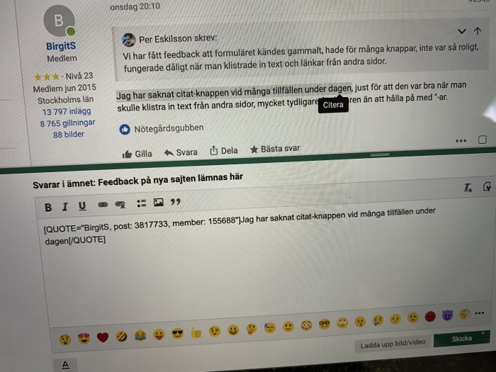 Skärmdump av ett foruminlägg med diskussion om citat-funktionen och verktygsrad för textformatering.