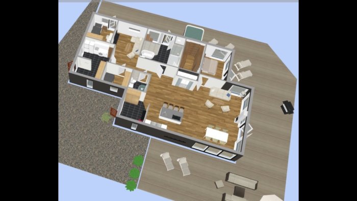 3D-layout av ett möblerat enfamiljshus med markerade områden för EL, avlopp och golvvärme.