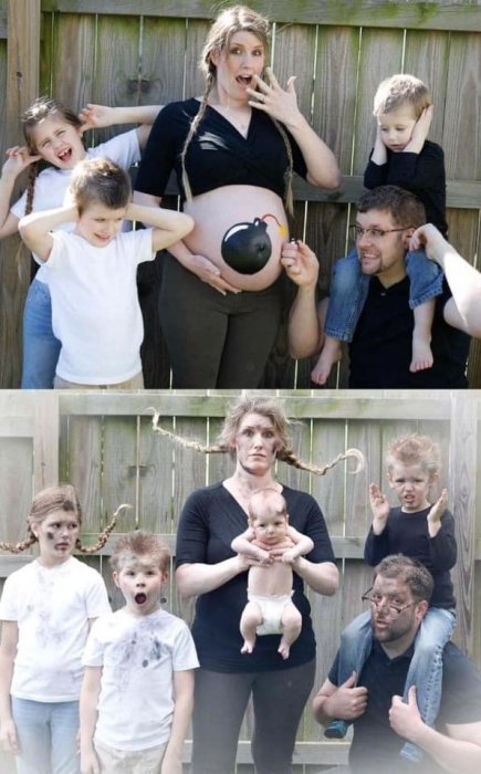Två-bilds montage med familj före och efter graviditet, med kreativa poser och uttryck.