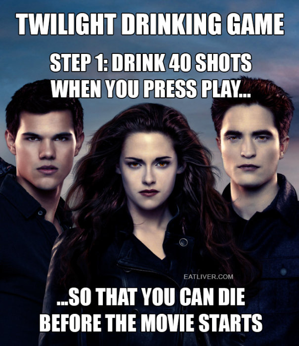 Meme med skämt om "Twilight" och en fiktiv dryckeslek, inkluderande tre personer från filmen.