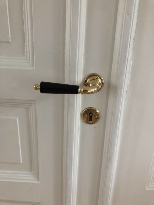Nyrenoverad vit innerdörr med nymålat svart dörrhandtag och guld detaljer.