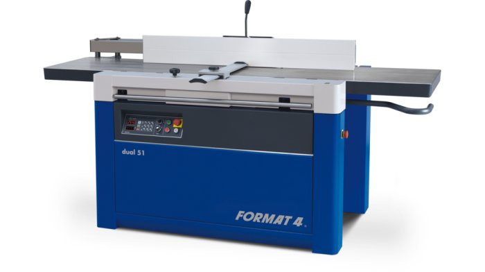 Blå och vit rikt och planhyvel från FORMAT-4 modell dual 51 för snickeriarbete.
