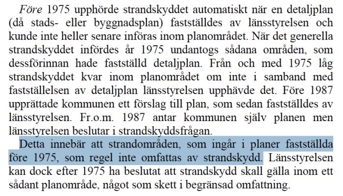 Sida från Naturvårdsverkets dokument som beskriver strandskyddsregler före och efter 1975.