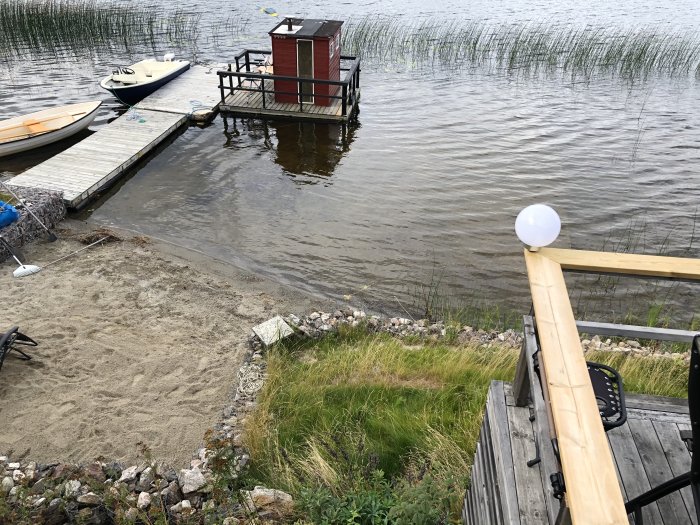 Brygga och badplats vid sjö med roddbåt, motorbåt och litet rött sjöhus.