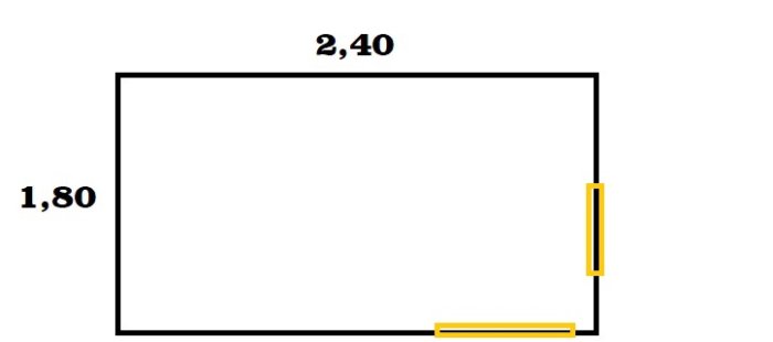 Planritning av ett badrum med måtten 2,40 x 1,80 meter och en markerad dörröppning.