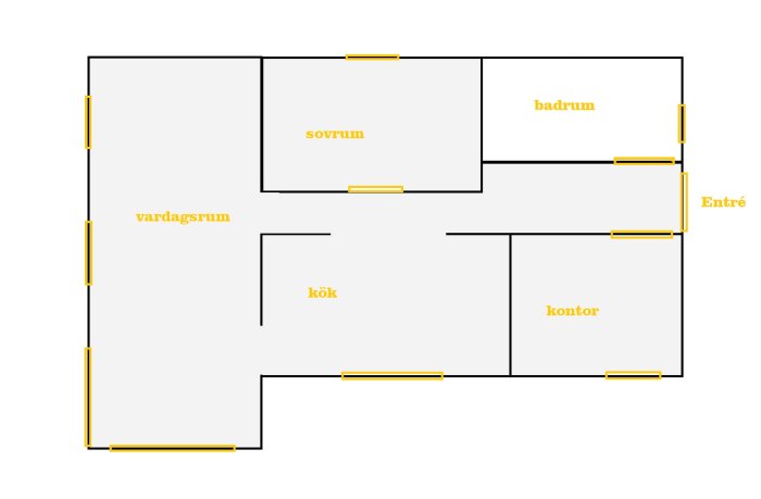 Grundplan av en lägenhet som visar kök, vardagsrum, sovrum, kontor och ett litet badrum.