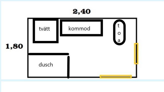 Planritning av ett badrum med utsatta mått, inklusive platser för tvättmaskin, kommod, dusch och handdukstork.