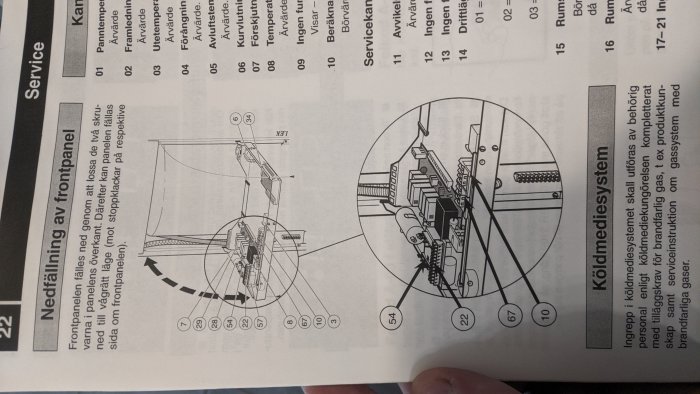 Schema över kylsystem med markeringar och numrerade komponenter, inklusive kompressorn.