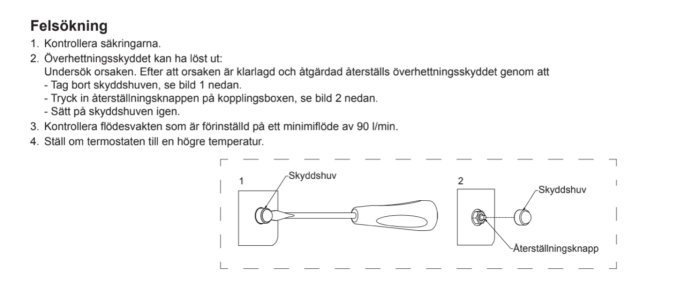 Illustration som visar steg för att ta bort skyddshuv och trycka på återställningsknapp för överhettningsskydd.